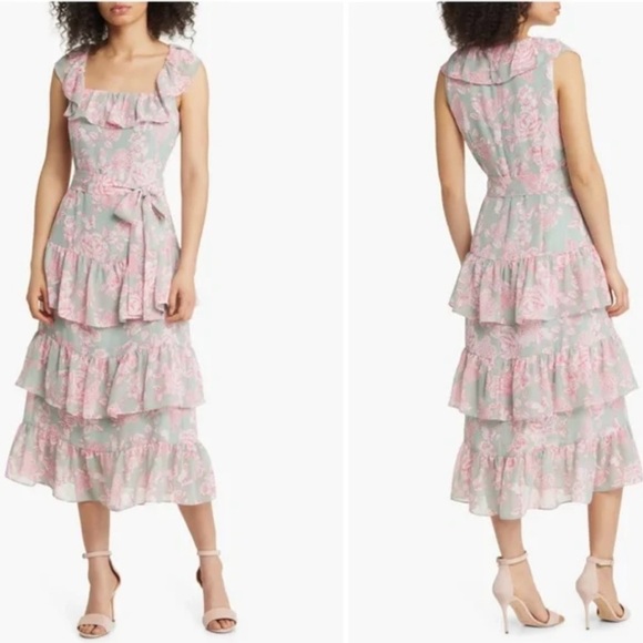 Eliza J  Tiered Midi Dress Mint Pink Floral Tie Waist Ruffle Chiffon Sz 8 NEW - Picture 1 of 14